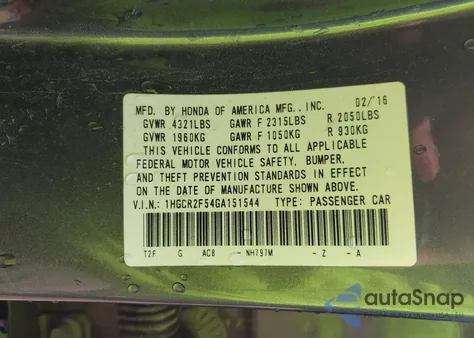 2016 Honda Accord Sport z USA, uszkodzony, nr VIN 1HGCR2F54GA151544